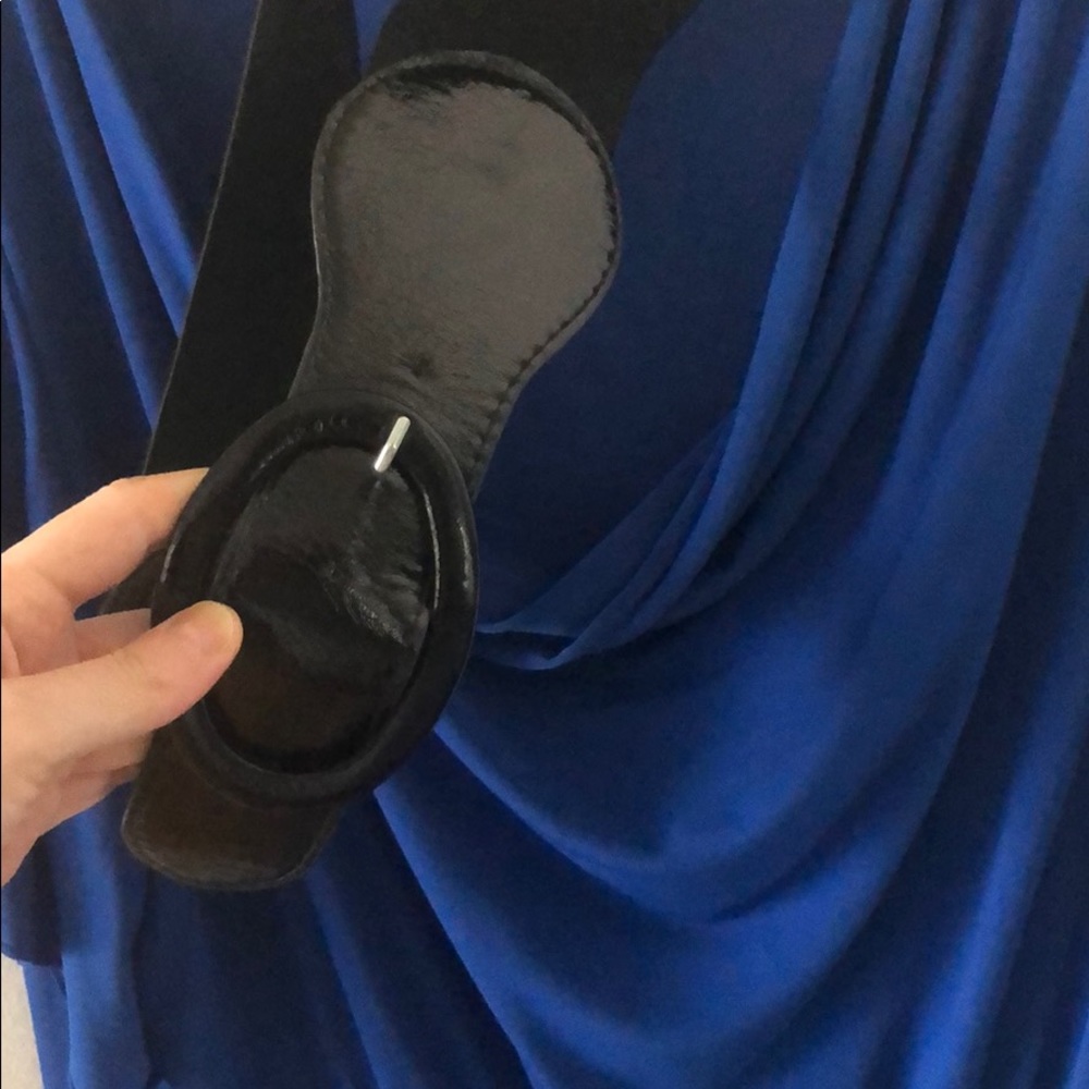Like new! Worn once! Blue belted drape dress. - Picture 2 of 6